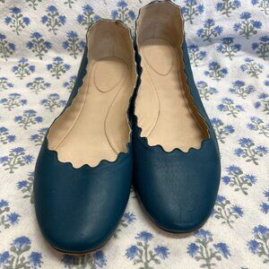 Chloé Lauren Scalloped Leather Ballet Flats Dark Teal EUC